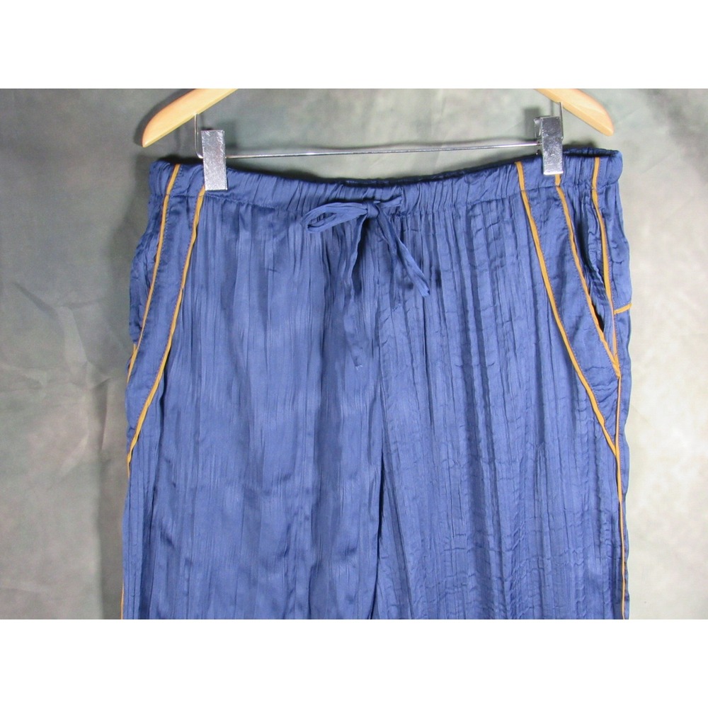 Free People Navy Blue Crinkle Wide Leg Pants Gold Piping XL - Picture 2 of 6